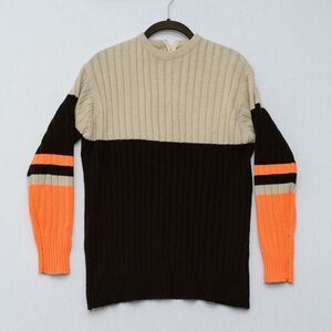 Vintage Full Fashion acrylic brown orange striped ribbed 70s sweater S academia